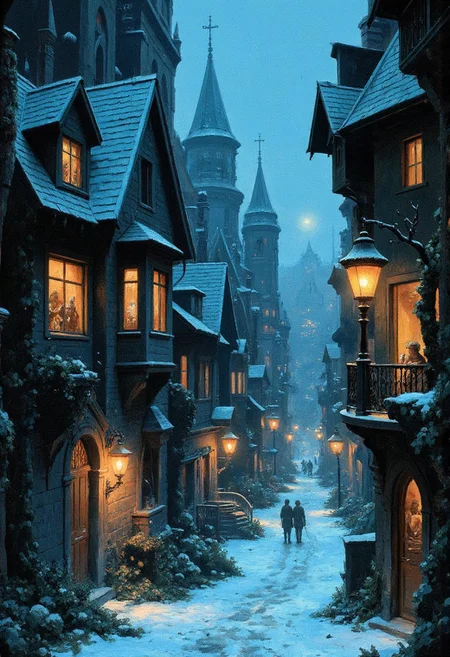 An eerie, abandoned village entirely carved from ice, with cottages whose roofs glisten like crystal and streets lined with frozen lampposts glowing faintly, inside the buildings, intricate frozen dioramas depict moments of joy and horror—children playing, a feast interrupted by shadowy creatures, villagers praying to an unseen deity, the air is still and deathly silent except for the faint creaks of ice shifting, the scene mirrors the macabre intricacy of Hans Ruedi Giger’s biomechanical style, blending the organic with the surreal, the frozen dioramas hinting at lives trapped in eternal cold.
, Vibrant, grotesque, and surreal with bold contrasts, heavy black outlines, and a blend of dreamlike autumnal hues; a mix of neon, retro, and pagan elements, inspired by Sean Aaberg’s punk-infused, chaotic energy and dreamcore's eerie, nostalgic undertones