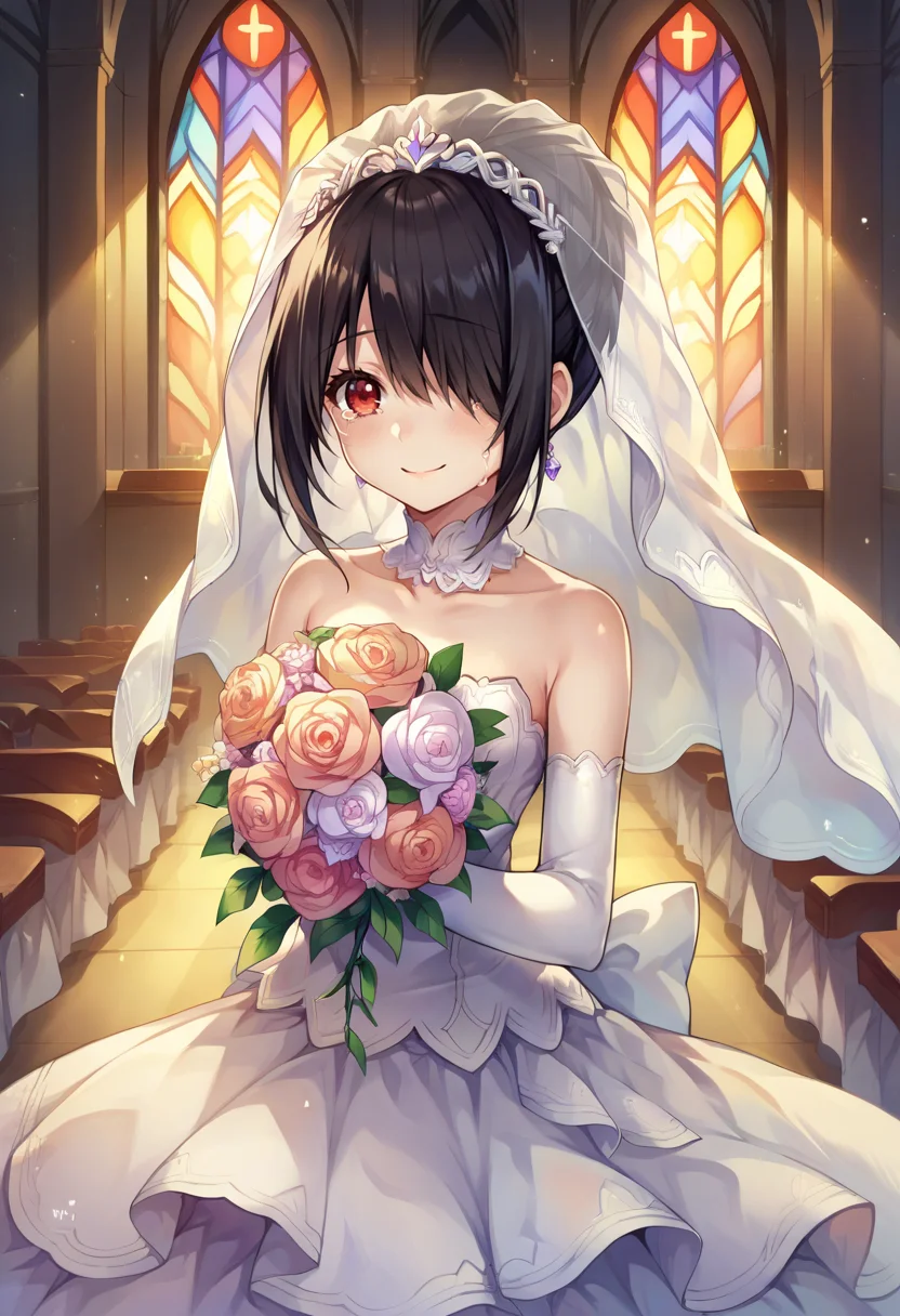 score_9, score_8_up, source_anime, 1girl, solo, KurumiWedding, black hair, hair over one eye, red eye, bridal veil, wedding dress, elbow gloves, indoors, church, holding bouquet, flower bouquet, tears of joy, smile, tears, <lora:ChamTokisakiKurumiPonyXL-000008:1>