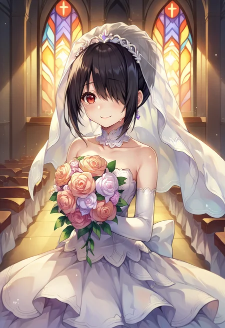 score_9, score_8_up, source_anime, 1girl, solo, KurumiWedding, black hair, hair over one eye, red eye, bridal veil, wedding dress, elbow gloves, indoors, church, holding bouquet, flower bouquet, tears of joy, smile, tears, <lora:ChamTokisakiKurumiPonyXL-000008:1>