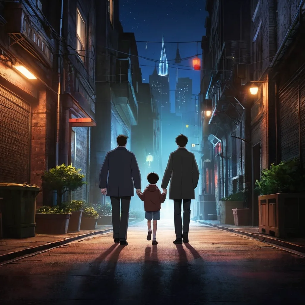 anime artwork of  <lora:Bruce Wayne:1.2>
a cartoon of  boy with his dad and mom walking at night in a dark alley In Gotham City Universe, anime style, key visual, vibrant, studio anime,  highly detailed