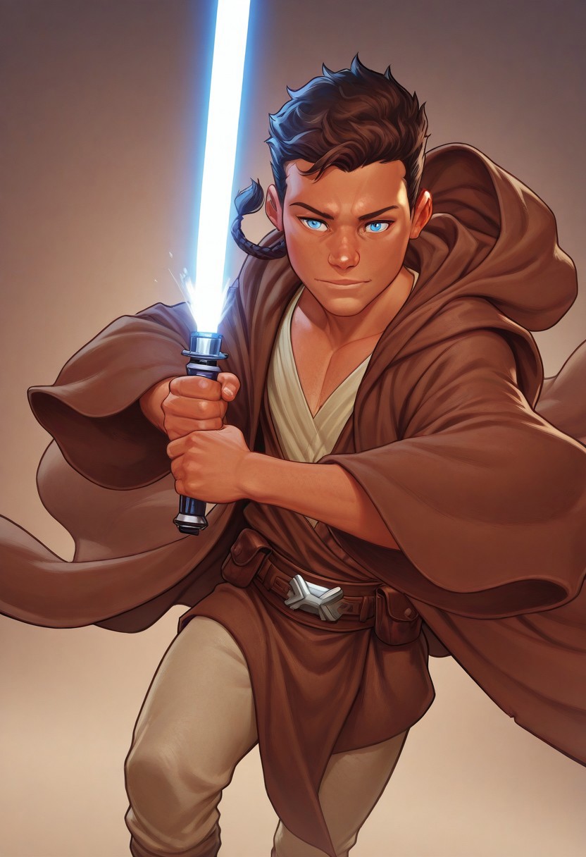 masterpiece, absurdres, high quality, perfect anatomy, 1boy, solo, cute boy, male focus, jedi robe, brown jacket, Caleb Dume, Brown Hair, Padawan Braid, Blue Eyes, Brown Robe, Brown Tunic, Tan Shirt, Belt, Tan Pants, holding a lightsaber, blue lightsaber, cinematic, intricately detailed illustration, depth of field, masterpiece, best quality, amazing quality, very aesthetic, absurdres, newest, very awa,  shadow, dynamic angle, casual cosplay, skinny, toned, dynamic pose,