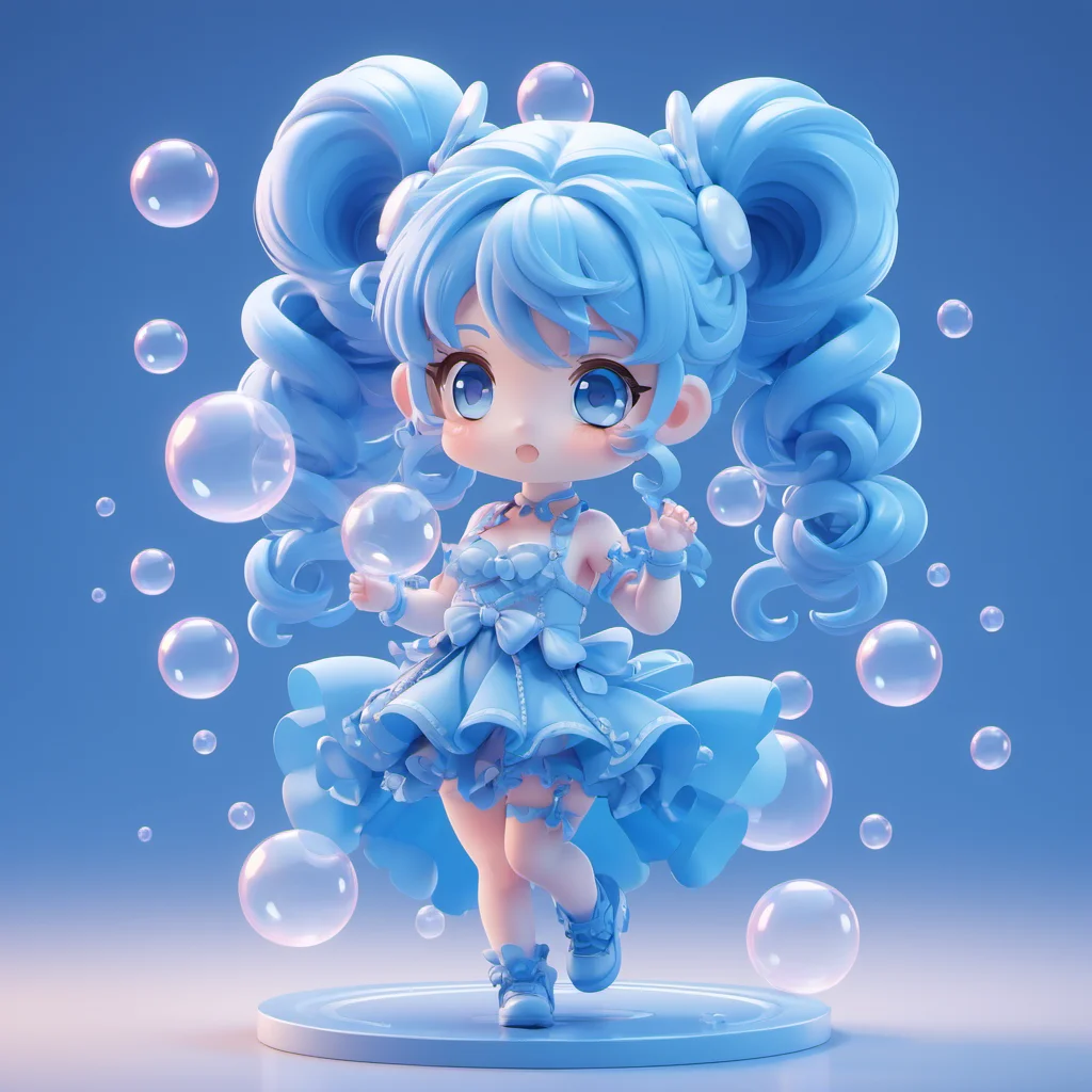 <lora:Designer_BlindBox-000015:0.5>1girl, solo, blue eyes, blue hair, long hair, dress, full body, chibi, bubble, twintails, looking at viewer, blue dress, blue background