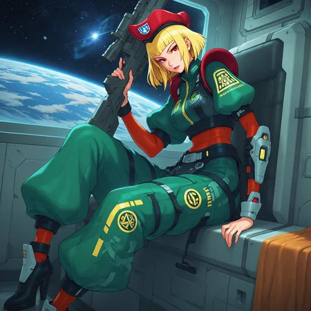 masterpiece, best quality, amazing quality, psoramarl, 1girl, solo, blonde hair, blunt cut, medium hair, sidelocks, red eyes, lipstick, orange undershirt, long sleeves, military uniform, puffy sleeves, green uniform, waist armor, red shoulder pads, armor, red beret, baggy pants, arm guard, belt, heels, yellow stockings, heels, holding rifle, indoors, space colony, window, planet, stars, sitting