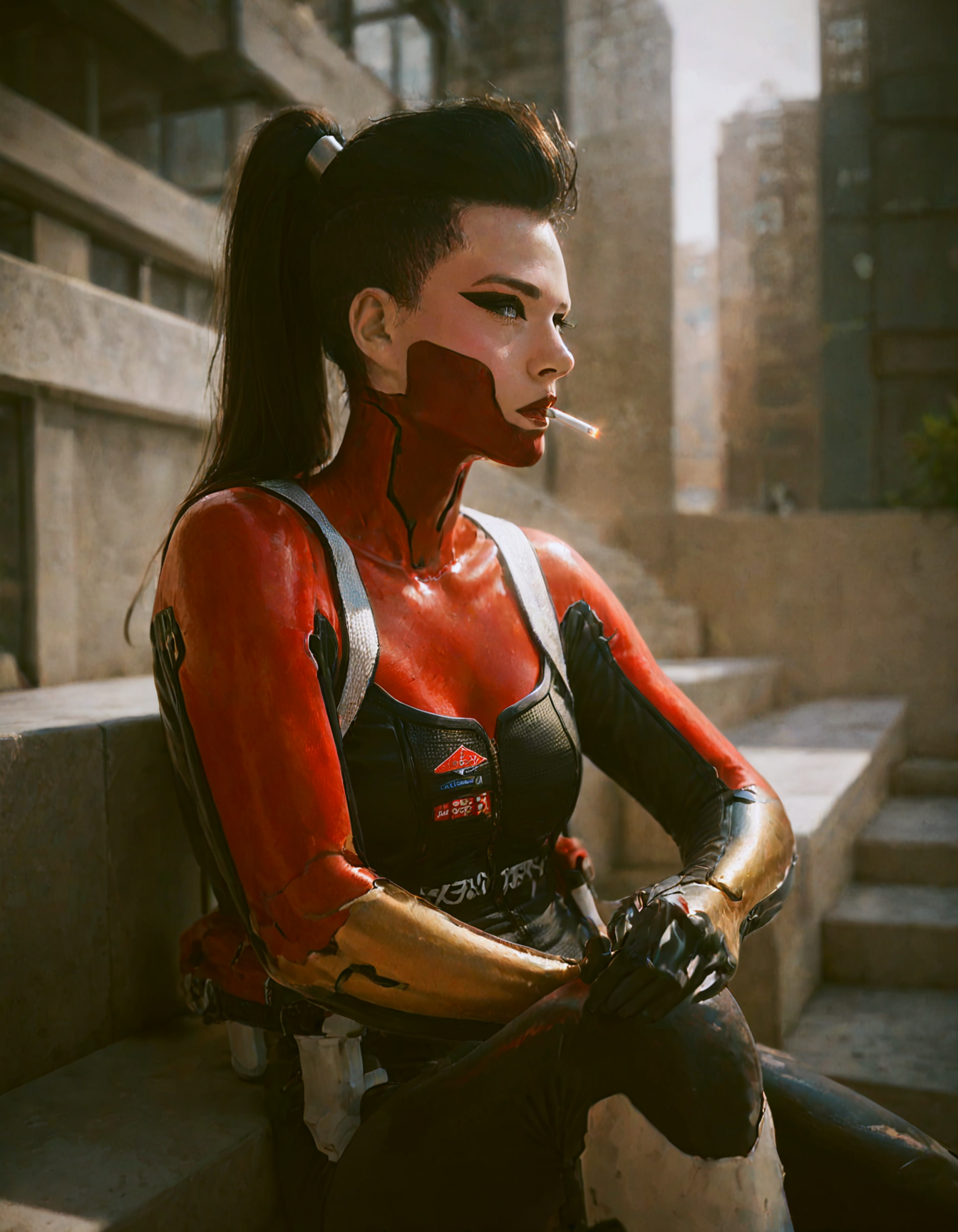 score_10,score_9,score_8_up,score_7_up, 1girl, black hair, dangerous, ponytail, white eyes, red outfit, <lora:cyberpunk_tiger_claws_woman:0.75>, Cyberpunk woman in futuristic red and black bodysuit, sitting casually on ledge at night. Long black hair in high ponytail with shaved sides. Striking makeup with sharp eyeliner and red face paint. Robotic arms and legs visible. Holding lit cigarette in raised hand. Urban nighttime background with neon lights. Confident pose, looking to the side. Sleek, high-tech aesthetic with a mix of shiny and matte textures on the suit. Strong contrast lighting emphasizing red outfit against dark surroundings.
