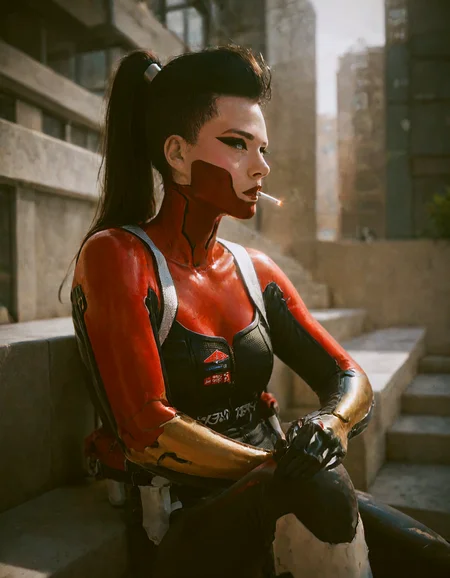 score_10,score_9,score_8_up,score_7_up, 1girl, black hair, dangerous, ponytail, white eyes, red outfit, <lora:cyberpunk_tiger_claws_woman:0.75>, Cyberpunk woman in futuristic red and black bodysuit, sitting casually on ledge at night. Long black hair in high ponytail with shaved sides. Striking makeup with sharp eyeliner and red face paint. Robotic arms and legs visible. Holding lit cigarette in raised hand. Urban nighttime background with neon lights. Confident pose, looking to the side. Sleek, high-tech aesthetic with a mix of shiny and matte textures on the suit. Strong contrast lighting emphasizing red outfit against dark surroundings.