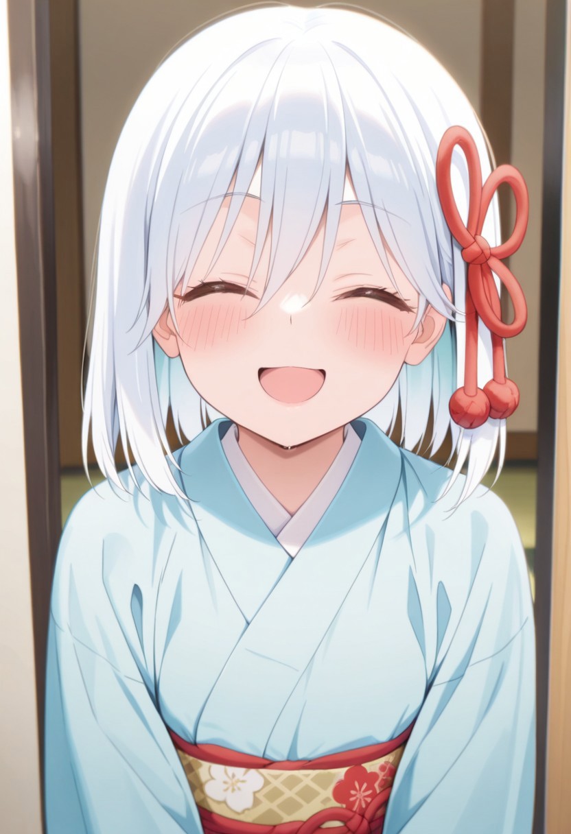 masterpiece,best quality,amazing quality, amagami asahi, blue-white hair, 1girl, solo, japanese clothes, kimono, closed eyes, sash, blush, obi, open mouth, smile, blue kimono, hair ornament, upper body
