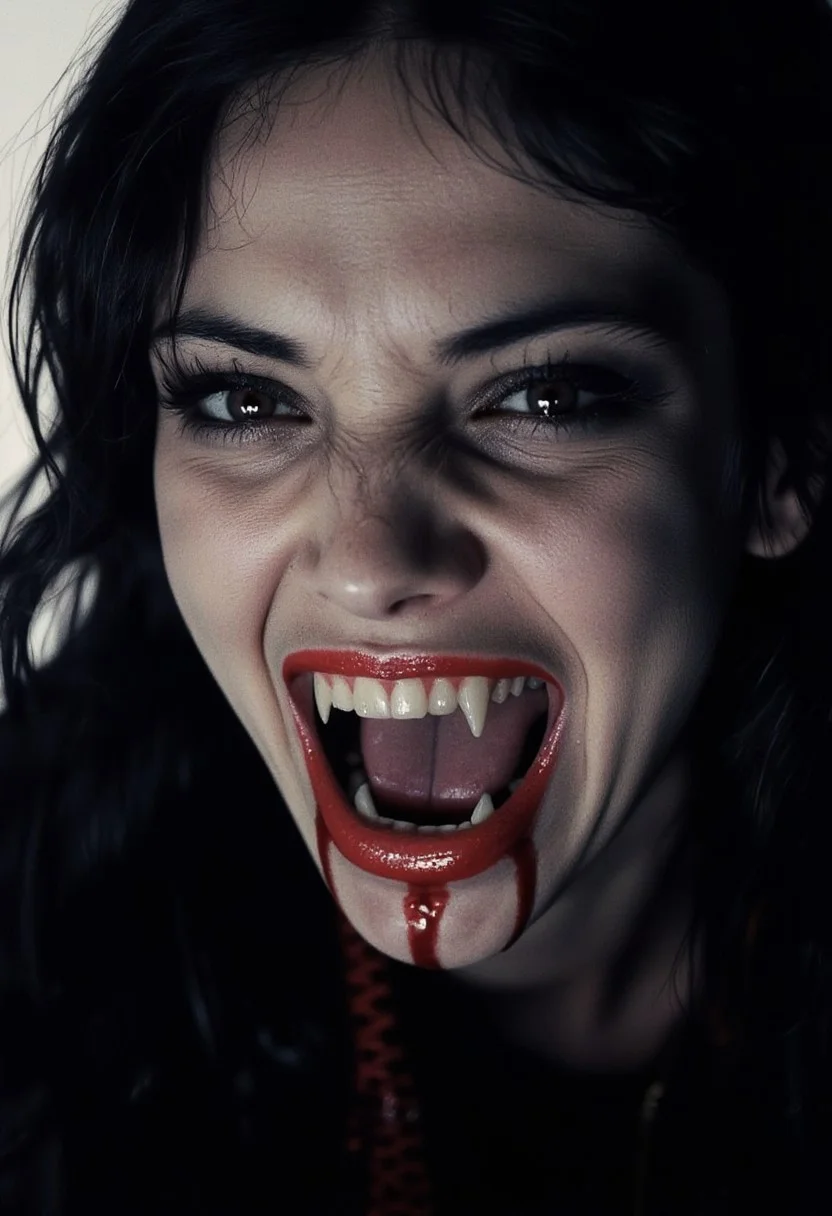 highly detailed and hyper realistic and dynamic. This is a high-quality, dramatic photograph of a alluringly beautiful female vampire with pale skin, dark eye makeup, and glossy red lips. She has long, wavy black hair and is wearing a black, gothic-style outfit. The image is taken from a close-up, low-angle perspective, emphasizing her open mouth with sharp teeth and (vampiric fangs:1.5). The lighting is soft and moody, highlighting her angry facial features. The background is blurred, focusing attention on her. The photograph has a shallow depth of field and is likely taken with a high aperture setting. The aesthetic quality is very high, with a gothic, horror theme. The style is reminiscent of dark, cinematic photography.