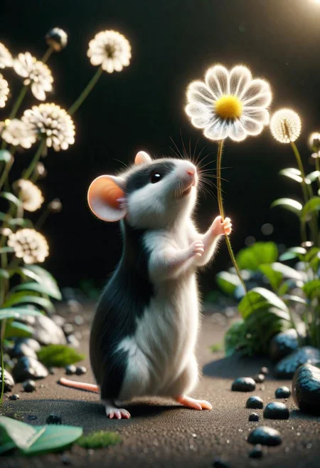 ral-fluff,<lora:ral-fluff:1>,
chibi,masterpiece,best quality,original,official art,black metallic fantasy mice,hat,flower,blurred background,rendering,beautiful detailed glow,(detailed ice),beautiful detailed water,sunny, blurred flower, happy, stand in Front of a House made off cheese