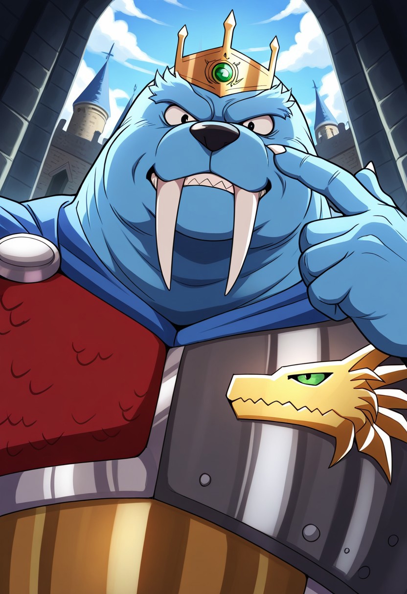 masterpiece, detail background, solo, anthro walrus, beastman, male, black eyes, thick eyebrows, blue skin, thick arms, large claws, claws, teeth, big tusk, crown, blue cape, dark gray cape  interior, armor, dragon emblem, outside, castle background, dark atmosphere, clouds, face close-up, facing viewer, upper body, looking at viewer, (pointing self), hand gesture, (perfect pose), (intimidating view), from below, side angle