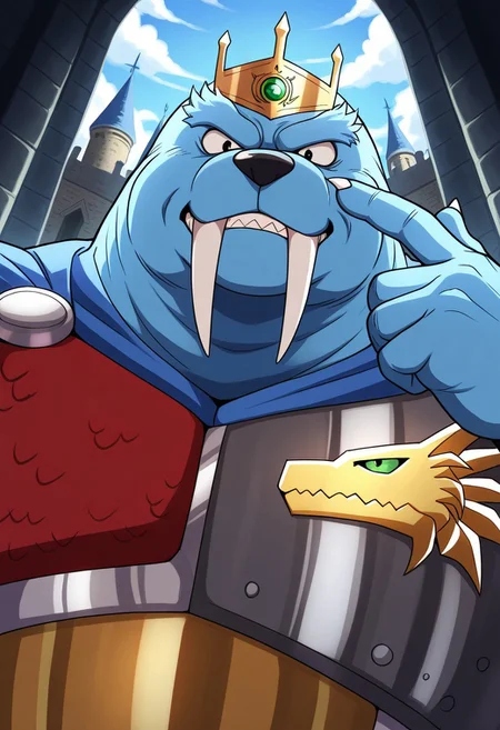 masterpiece, detail background, solo, anthro walrus, beastman, male, black eyes, thick eyebrows, blue skin, thick arms, large claws, claws, teeth, big tusk, crown, blue cape, dark gray cape  interior, armor, dragon emblem, outside, castle background, dark atmosphere, clouds, face close-up, facing viewer, upper body, looking at viewer, (pointing self), hand gesture, (perfect pose), (intimidating view), from below, side angle