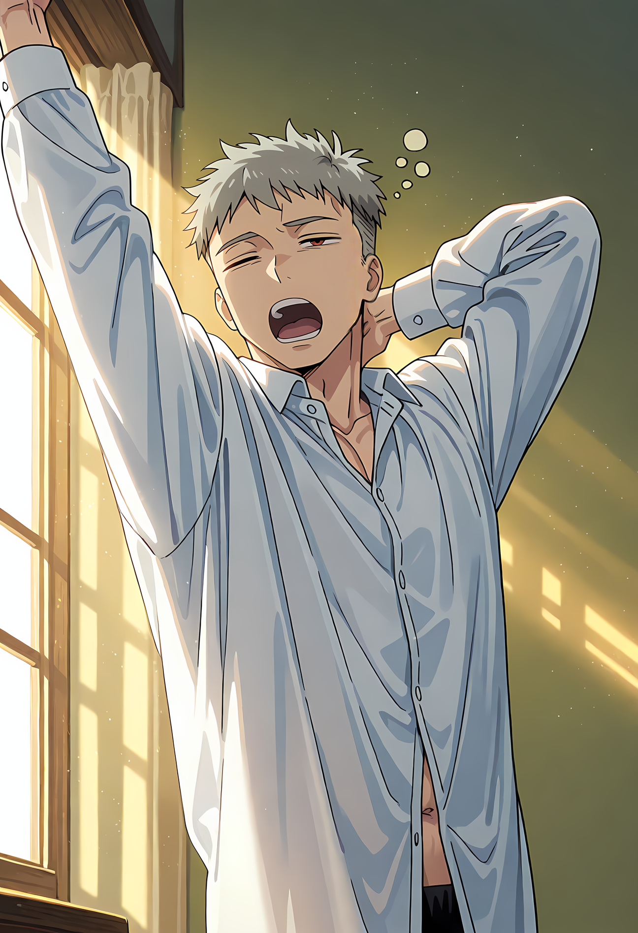 <lora:Fujimoto_Shiro_Blue_Exorcist__Ao_No_Exorcist__éã®ç¥é­å¸«:1>,fsh1r0,gray_fsh1r0_sh1r0_hair,red_fsh1r0_eyes,1boy,male focus,solo,undercut,
white collared shirt,open mouth,yawning,sleepy,outstretched arm,hand on own neck,upper body,navel peek,abs peek,
bedroom,window,sunlight,window shadow,morning,
masterpiece,very awa,best quality,amazing quality,absurdres,absurd res,hires,highres