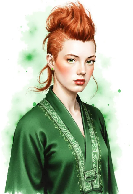 civitametapunkFLUX_Fem, 1girl,solo, light skin. 
A young female witch hyper realistic and highly  detailed with a mohawk hair and the sides of his hairstyle is short and neat, red hair.
Her eyes glow in green power.
She is wearing a green robe with magical glowing runes and details. 
The background is a white paper.
She is looking at the camera with a slightly evil face.
The lighting is dramatic, coming from a full moon in the open sky.
The is dynamic with watercolor style.
zydInk