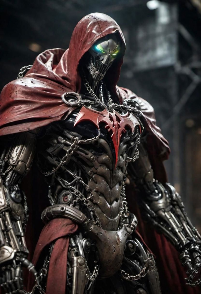 a photograph of spawn, balanced composition, made of black goo, (weathered patina:1.2), black costume, animated red cape made of liquid, "M" on chest, chains, moody lighting, cinematic, complex robot, biomechanical, hyper detailed <lora:compb0t:0.5> <lora:Spawn:0.8> comprobo