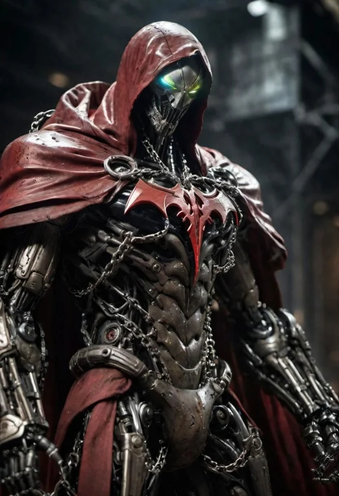 a photograph of spawn, balanced composition, made of black goo, (weathered patina:1.2), black costume, animated red cape made of liquid, "M" on chest, chains, moody lighting, cinematic, complex robot, biomechanical, hyper detailed <lora:compb0t:0.5> <lora:Spawn:0.8> comprobo