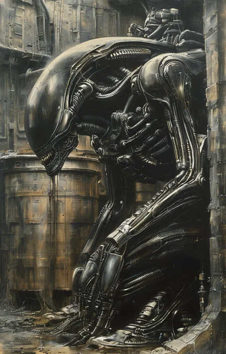 masterpiece,best quality,<lora:tbh295-sdxl:0.9>,illustration,style of H. R. Giger portrait of Housework robots