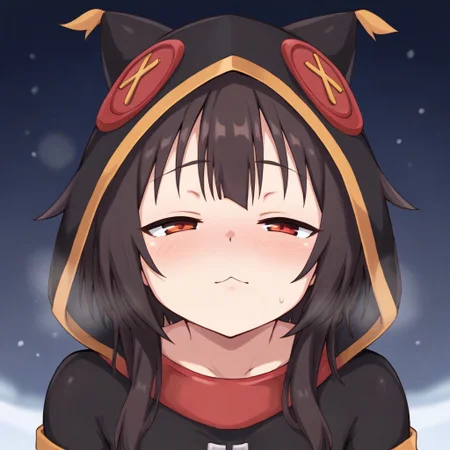 score_9, kumasteam, Megumin, alt outfit, winter, parka, 1girl, face focus, portrait, sultry look, looking off to the side, half-closed eyes,