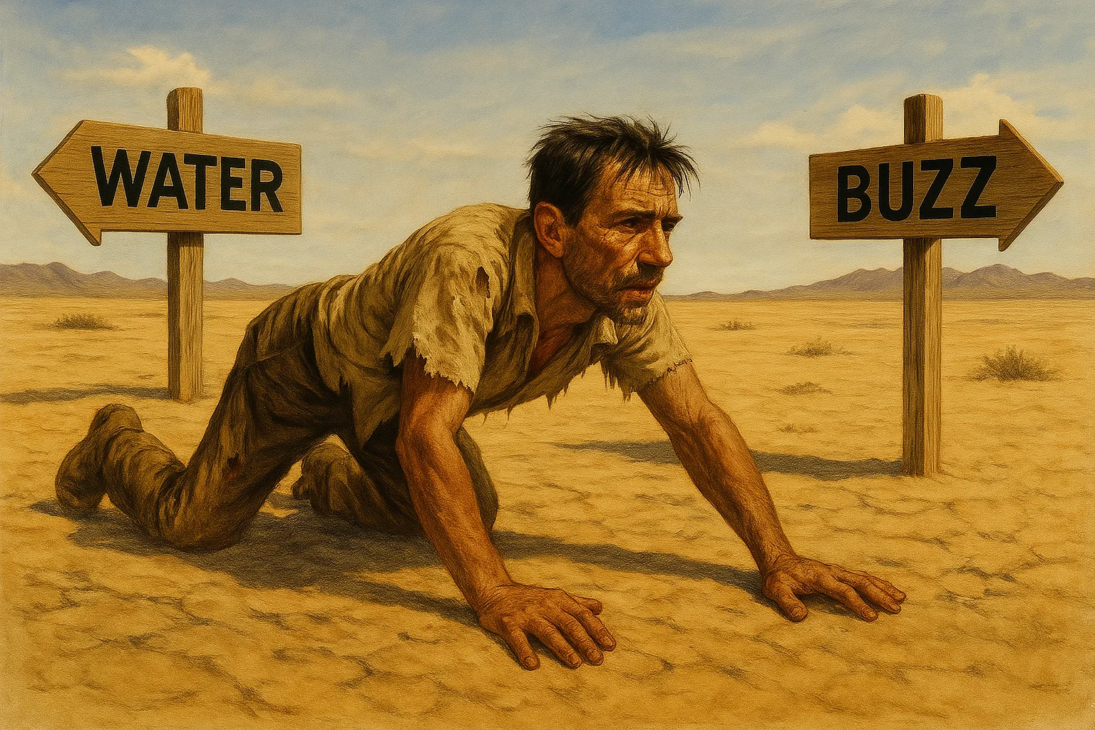 A thirsty man wearing dirty and torn clothes is crawling in the desert. There are two signed arrow shaped boards in front of him. Right one says "BUZZ" and the left one says "WATER". The man is crawling towards right.