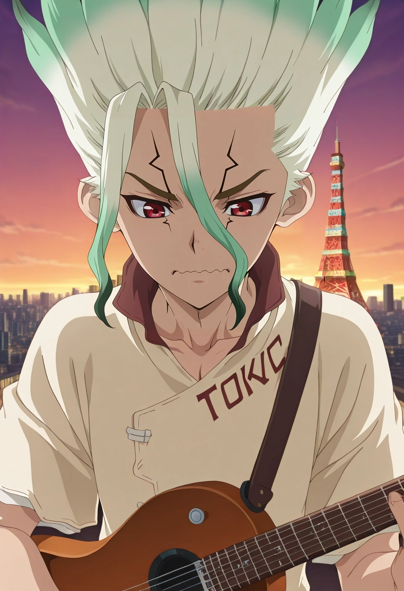 masterpiece, best quality, , anime screencap, anime coloring, official style, , 1boy, solo, male focus, <lora:senkuu_ishigami_ilxl:0.96>, senkuu_ishigami, green hair, red eyes, multicolored hair, two-tone hair, white hair, facial mark, symmetry, tokyo tower, noon, holding instrument, wavy mouth, closed mouth, ,