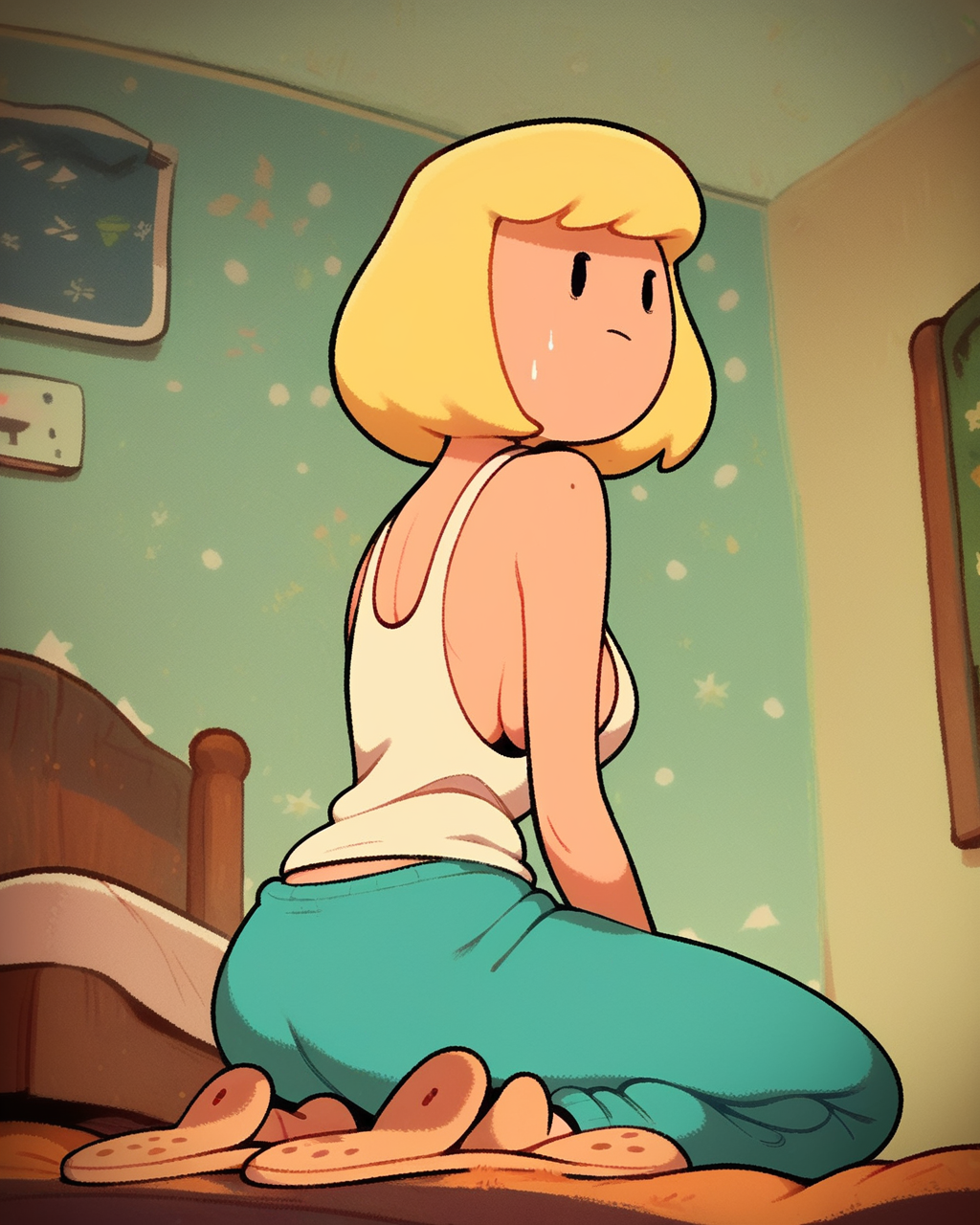score_9, score_8_up, score_7_up, score_6_up, 1girl, solo, Minerva, blonde hair, medium hair, dot eyes, tank top, sweatpants, sideboob, slippers, on knees, dynamic angle, detailed background, indoors, bed, <lora:Minerva_PDXL:0.9>