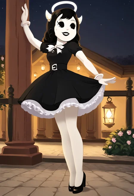 (Masterpiece, best quality:1.2), score_9, score_8_up, flat color, flat shading, soft shading, lighting, Alice Angel in a 1950's dress with a button down top, a fluffy frilly ruffled full petticoat, and high heels, dress, layered petticoat, frilly petticoat, fluffy petticoat, full petticoat, wide dress, flowing dress, solid colored skirt, short sleeves, black hair, Bendy and The Ink Machine, series accurate, cute, best high quality, high res, black lips, white colored skin, whole body shot, 1girl, solo, outside, standing straight, in a garden, cute, adorable, smile, low angle upskirt shot, cartoon, cartoon style, vector, solo, circle dress, 1950s, alice angel