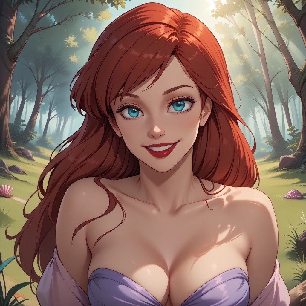 score_9, score_8, BREAK, Ariel, 1girl, blue eyes, red hair, long hair, side bangs, red lips, purple bikini, strapless bikini, (seashell bikini), sexy pose, self portrait, smile, outdoors, sunlight, shadows, evening lighting, natural lighting, forest, trees, grass, orange sky, sunset