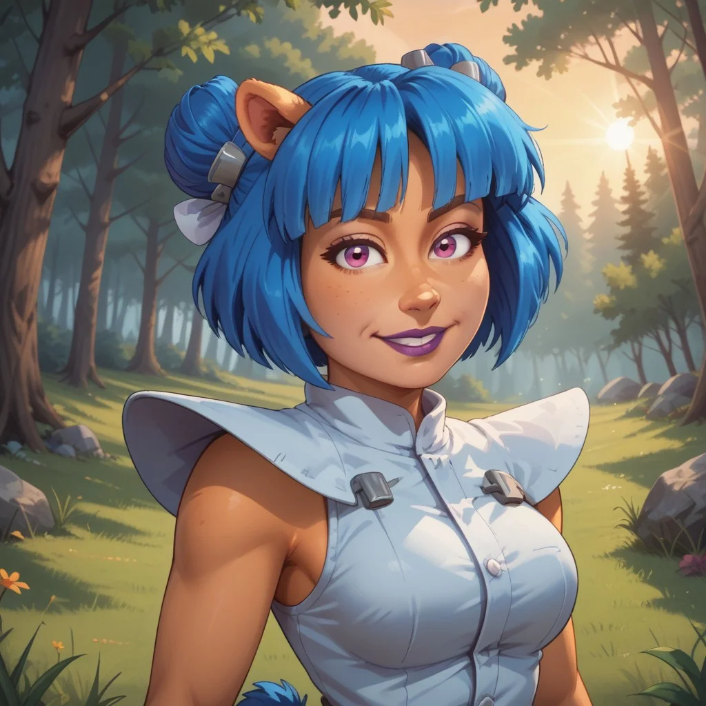 score_9, score_8, BREAK, solo, Megumi_Bandicoot_(Crash_Team_Racing), bandicoot, blue hair, twin bun, purple eyes, lab assistant outfit, smiling, orange skin, orange skin female, dual-colored skin, black nose, eyelashes, purple lips, animal ears, blue bun tail, self portrait, smile, looking at viewer, outdoors, sunlight, shadows, evening lighting, natural lighting, forest, trees, grass, orange sky, sunset