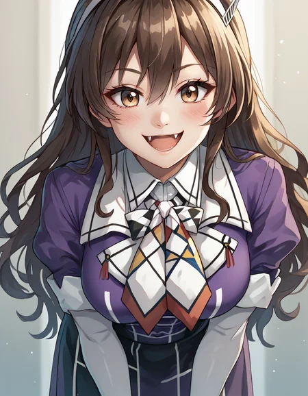 score_9, score_8_up, score_7_up,
ashigara (kancolle), altern4tec0stume,
 looking at viewer, open mouth,  smile, solo, blush, standing, portrait, fangs, absurd res,  leaning forward,  cute fangs
 <lora:ashigara:1>