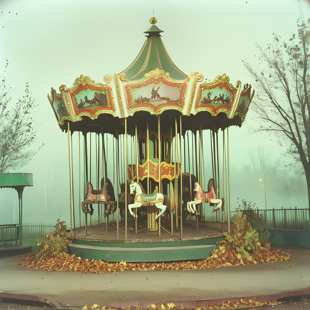 <lora:70s_Horror_MovieSDXL:1> ArsMovieStill, movie still from a 1970s horror movie, The image is of a carousel in an empty park. The carousel is made of metal and has a green roof with a gold trim. It is surrounded by trees and bushes and there is a foggy sky in the background. The ground is covered in fallen leaves and the carousel appears to be in a state of disrepair. There are several colorful horses on the sides of the carousels and a few people can be seen sitting on them. The overall mood of the image is eerie and mysterious., tree, scenery, outdoors, statue, stairs