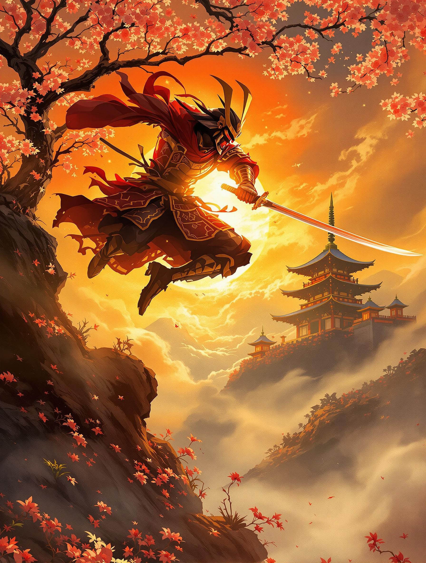 A captivating digital painting depicting a fierce samurai warrior mid-leap, suspended in an intense moment of combat against a shadowy opponent, his katana slicing through the air with fluid precision. His traditional armor, lacquered in deep crimson and gold, catches the fiery glow of the setting sun, casting elongated shadows and vibrant highlights across intricate patterns and textures. The background reveals an ancient Japanese temple atop a mist-covered mountain peak, its silhouette framed by cherry blossoms swirling gracefully in the turbulent wind. Warm amber and scarlet tones dominate the scene, creating a dramatic yet poetic atmosphere that emphasizes courage and honor amidst conflict. Dynamic pose, dramatic sunset lighting, traditional Japanese art style.