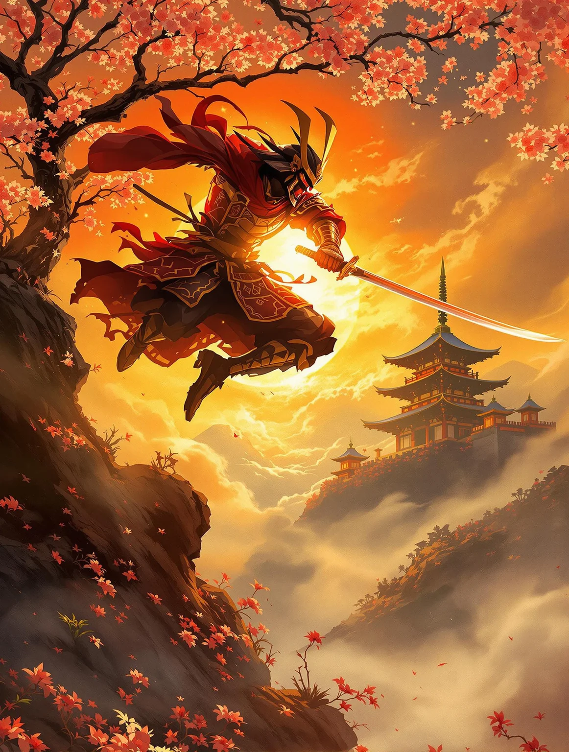 A captivating digital painting depicting a fierce samurai warrior mid-leap, suspended in an intense moment of combat against a shadowy opponent, his katana slicing through the air with fluid precision. His traditional armor, lacquered in deep crimson and gold, catches the fiery glow of the setting sun, casting elongated shadows and vibrant highlights across intricate patterns and textures. The background reveals an ancient Japanese temple atop a mist-covered mountain peak, its silhouette framed by cherry blossoms swirling gracefully in the turbulent wind. Warm amber and scarlet tones dominate the scene, creating a dramatic yet poetic atmosphere that emphasizes courage and honor amidst conflict. Dynamic pose, dramatic sunset lighting, traditional Japanese art style.