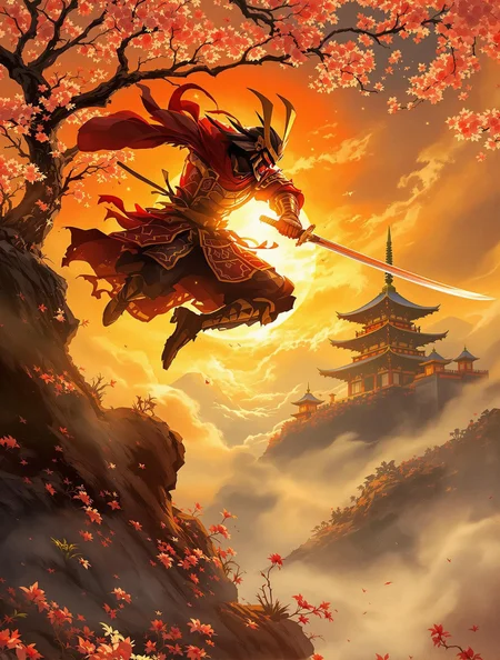 A captivating digital painting depicting a fierce samurai warrior mid-leap, suspended in an intense moment of combat against a shadowy opponent, his katana slicing through the air with fluid precision. His traditional armor, lacquered in deep crimson and gold, catches the fiery glow of the setting sun, casting elongated shadows and vibrant highlights across intricate patterns and textures. The background reveals an ancient Japanese temple atop a mist-covered mountain peak, its silhouette framed by cherry blossoms swirling gracefully in the turbulent wind. Warm amber and scarlet tones dominate the scene, creating a dramatic yet poetic atmosphere that emphasizes courage and honor amidst conflict. Dynamic pose, dramatic sunset lighting, traditional Japanese art style.