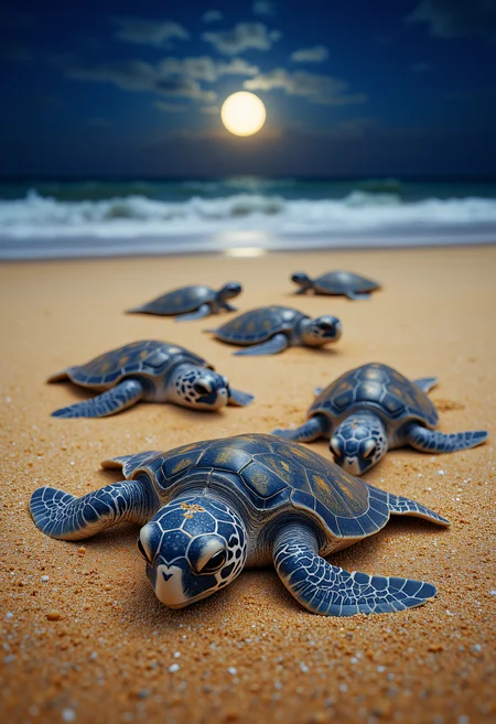 A group of baby sea turtles hatching on a sandy beach, with the moon casting a soft glow on the scene. The turtles are slowly making their way towards the ocean, their tiny flippers propelling them across the sand. The scene is magical, hopeful, and full of the wonders of nature