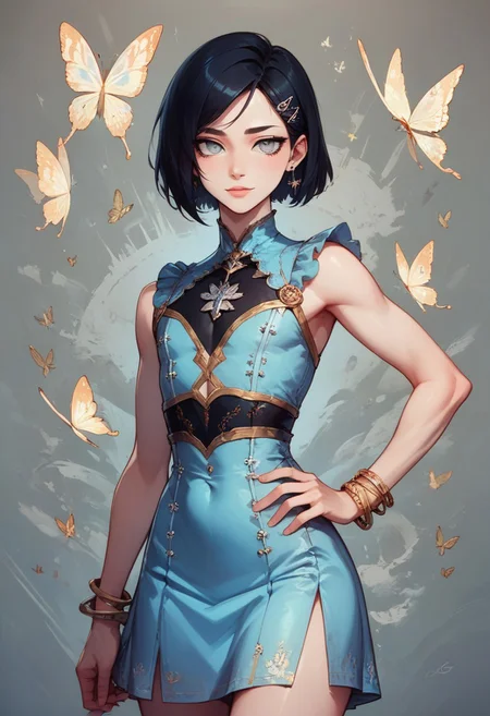 score_9, score_8_up, score_7_up, 1boy, femboy, otoko no ko, short hair, bob cut hair, black hair, grey eyes, gray eyes, feminine face, toned body, Shelly,
lace dress, embroidered cutouts, earrings, bracelets, butterfly hairclip,
highly detailed, intricate, zzCitronCAT, contrapposto, one hand on hip, modelshoot, geometric background