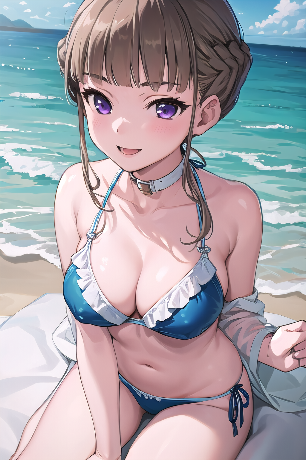 masterpiece, best quality, ultra-high-detailed, 1girl, solo, Manaka Nemu, short hair, braided hair, brown hair, violet eyes, bikini, beach