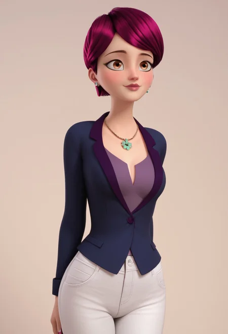 score_9_up, score_8_up, score_7_up, score_6_u,, (high quality), (high resolution),, Miraculous Style, beautiful eyes, perfect lips, sexy, BREAK, Nadja Chamack, vibrant hair, purplish-pink hair, short hair, swept bangs, brown eyes, makeup, lipstick, indigo formal jacket, white jeans, violet shirt, jewelries, necklace , earings, green five-petaled flower charm on necklace, slim waist, large breasts, big boobs, tied clothes, wide hips, looking above shoulder, standing, BREAK, Simple background, BREAK, score_9, score_8, score_7,
