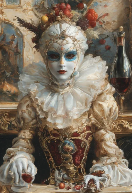 A still life in the style of 17th-century Dutch masters: Venetian mask with gilt edges and velvet texture, antique brass hourglass, crystal goblet filled with red wine, grapes with dewdrops. Dramatic Rembrandt-style lighting from a side window casting deep shadows. Through the window: a fantasy landscape — medieval castle with floating bridges and stained-glass towers, Baroque clouds (voluminous, illuminated by golden light), and a majestic dragon with iridescent scales soaring across the sky. Details: dust motes in light beams, cracked plaster walls, dragon's reflection in the goblet. Technique: oil painting with glazing layers, chiaroscuro contrast, hyperrealistic textures of aged wood and polished crystal.