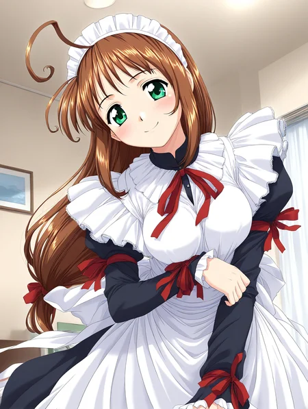 general,highres, game cg, ultra-detailed,very aesthetic,best quality ,best hands, BREAK <lora:Spiral_Nami_IS:1>normal_nami, 1girl, brown hair, maid, green eyes, long hair, maid headdress, breasts, ahoge, red ribbon, frills, maid apron,
apartment house, room,
smile,looking at viewer, cowboy_Shot,