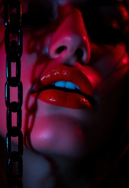 Image is a close-up, high-contrast photograph focusing on the lower half of a person's face. The subject has fair skin with a smooth texture, and the lips are prominently featured, coated in a glossy, vibrant red lipstick that reflects light. The lighting is dramatic, with a strong red hue casting over the entire image, creating a bold and intense atmosphere. A black chain is draped across the left side of the image, adding a contrasting texture and color to the composition. The overall style is edgy and artistic, emphasizing the interplay of light, color, and texture.