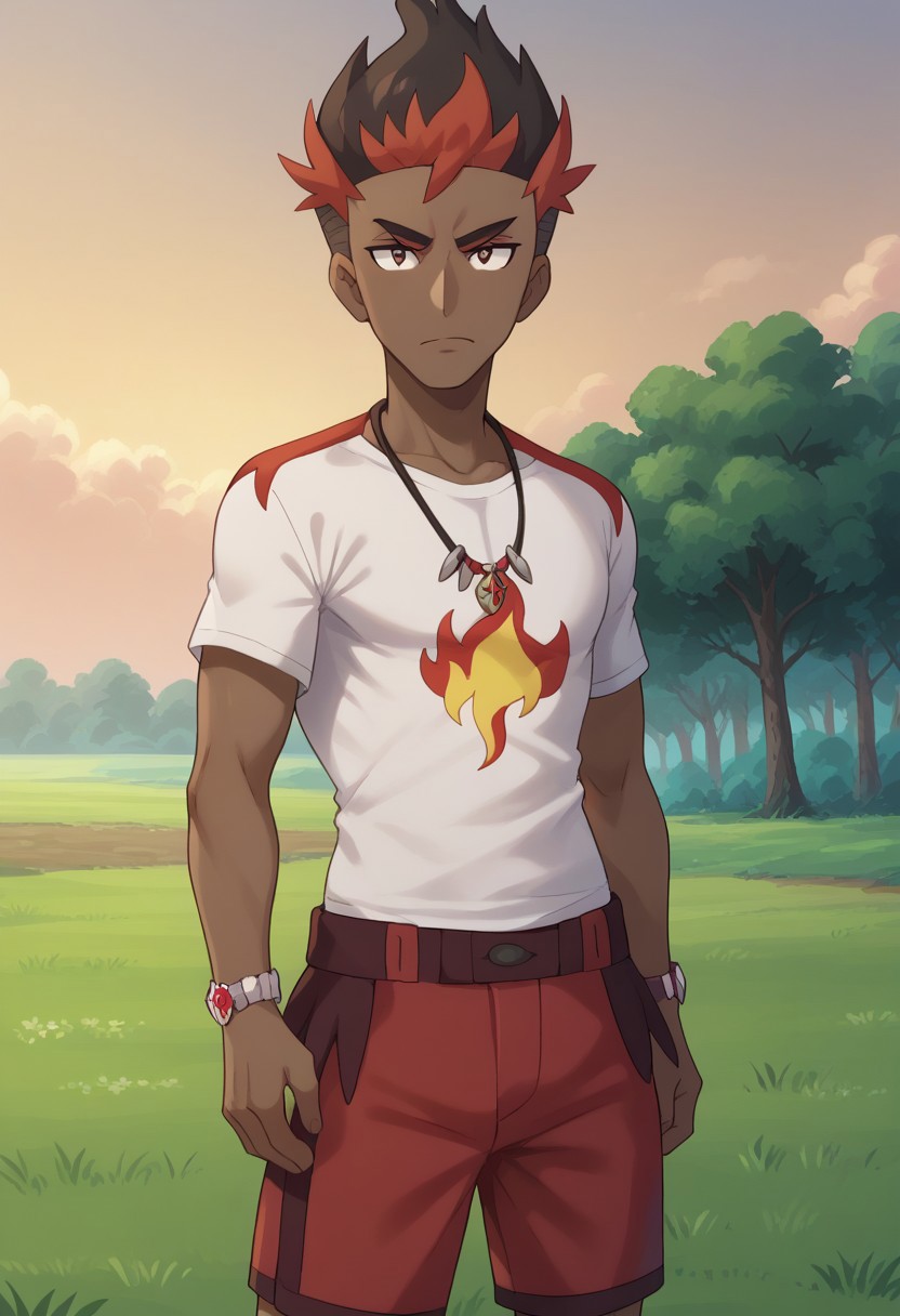 score_9, score_8_up, score_7_up, source_anime, highly detailed, 
1boy, 1boy, male focus, red shorts, solo, dark-skinned male, dark skin, jewelry,
upper body, multicolored hair, shorts, closed mouth, black hair, 
two-tone hair, necklace, standing, red hair, looking at viewer, frown,
bracelet, t-shirt, printed shirt, flame print,
outdoor, grass, trees, day,