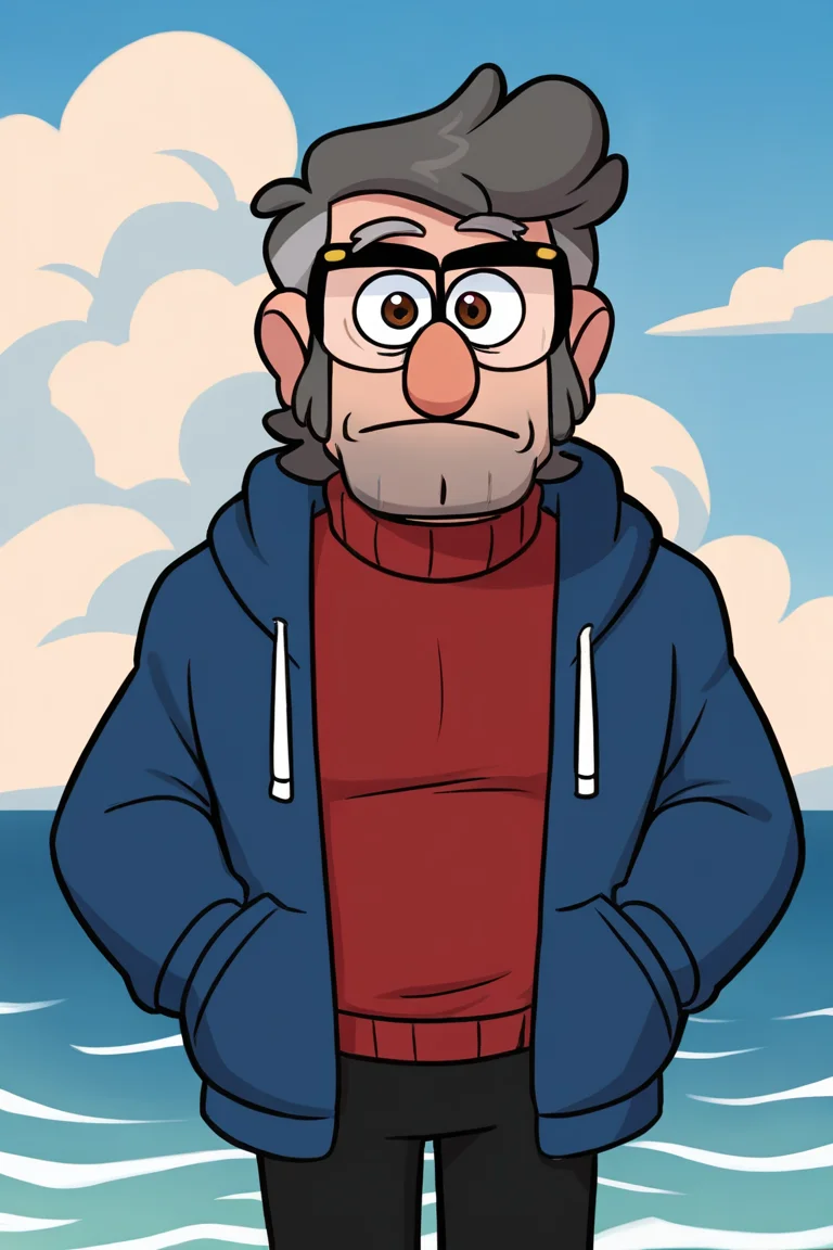 masterpiece, best quality, highres, extremely aesthetic, toon \(style\), stanford pines, 1boy, solo, male focus, mature male, muscular male, old man, short hair, grey hair, two-tone hair, brown eyes, thick eyebrows, glasses, black-framed eyewear, facial hair, stubble, long sideburns, looking at viewer, open clothes, blue hoodie, red turtleneck sweater, long sleeves, black pants, standing, cowboy shot, outdoors, blue sky, cloud, ocean <lora:Stanford (Ford) Pines - Gravity Falls v1.0 MIX [LoRA] - NoobAI-XL EPS 1.0:0.8>