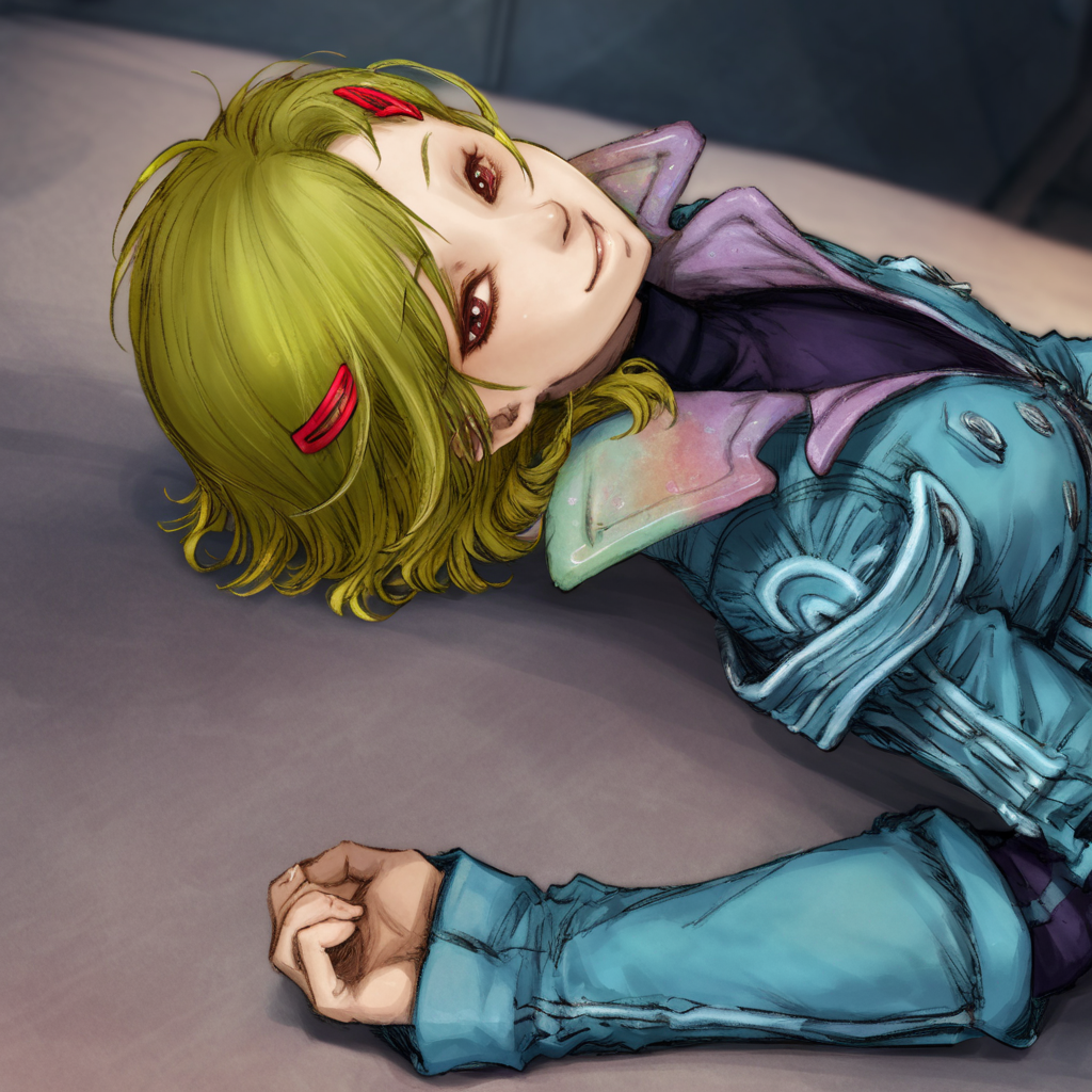 best quality, masterpiece, netsu, blonde hair, short hair, hair ornament, hairclip, jacket, lying down, looking at viewer, smile