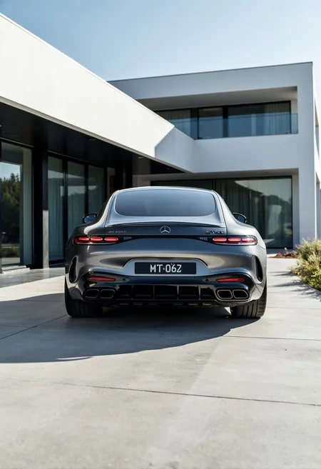 A high-resolution shot of the AMG GT 63 parked in front of a minimalist modern house with large glass windows. The polished, futuristic architecture mirrors the carâs sleek and modern design. The car is perfectly centered in the frame, showing off its luxury and status in an elite, contemporary setting. Rear view with slightly side view, professional car ad.