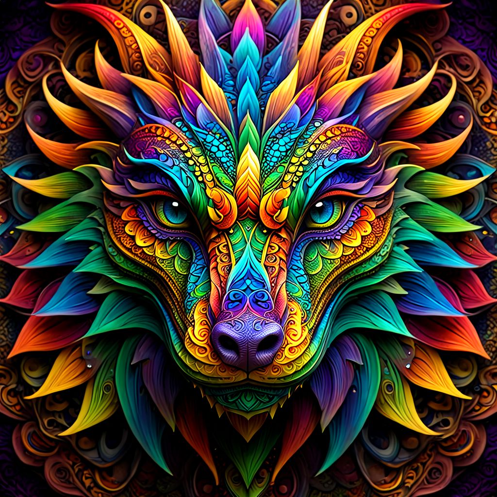 create a straight forward image of a dragons face made of intricate and complex mandala designs, extremely beautiful colors showing an aura of beauty, blend rainbow colors in an Ambre, UHD, 32K