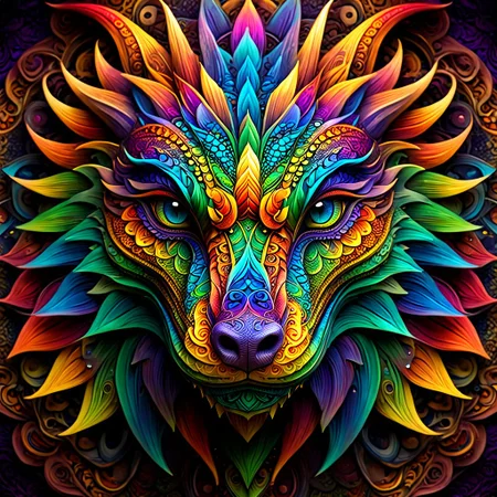 create a straight forward image of a dragons face made of intricate and complex mandala designs, extremely beautiful colors showing an aura of beauty, blend rainbow colors in an Ambre, UHD, 32K