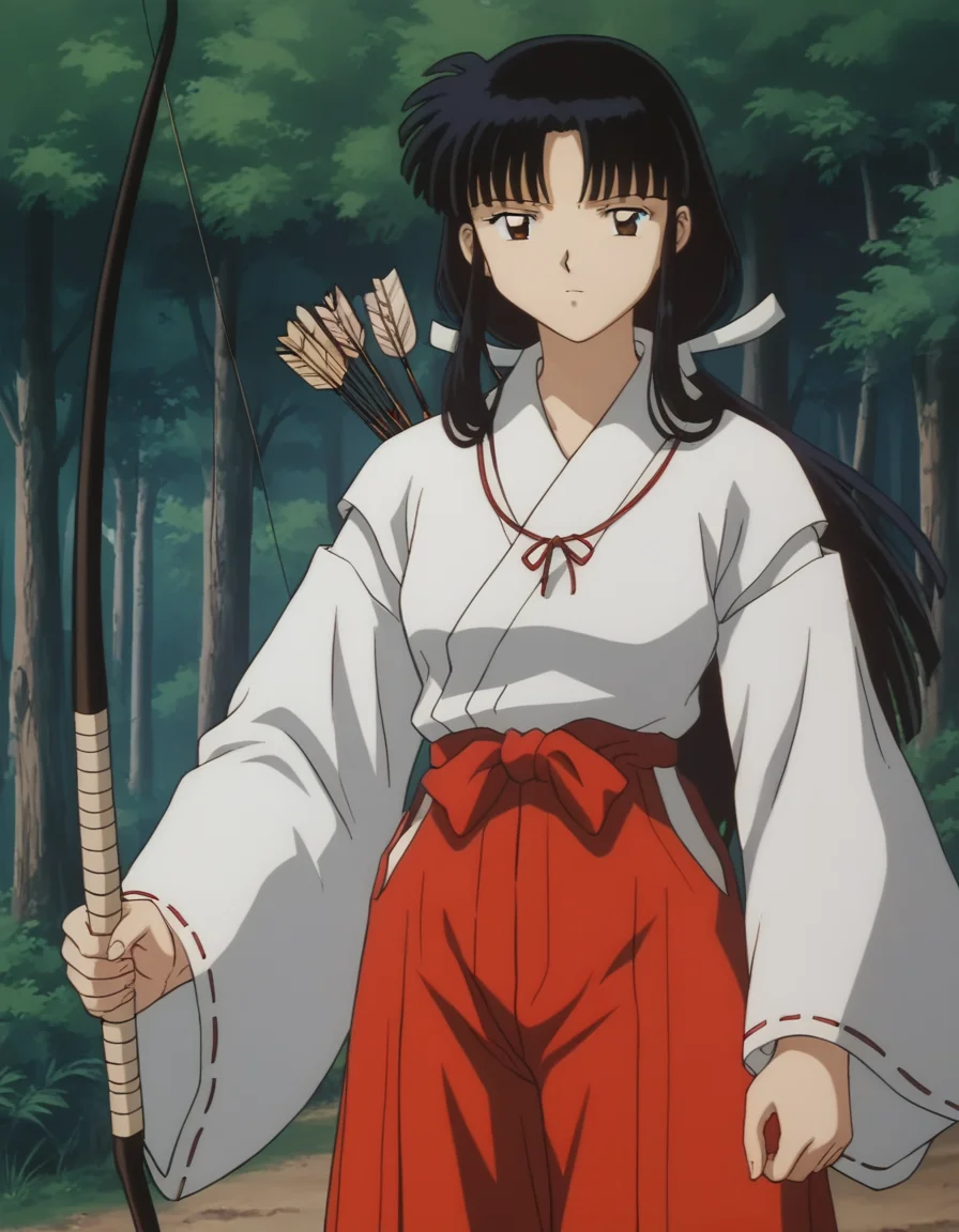score_9, score_8_up, score_7_up, source_anime,
inuyashakikyou, <lora:inuyasha-kikyou-ponyxl-lora-nochekaiser:1>,
kikyou, long hair, black hair, brown eyes, sidelocks, himecut, retro artstyle,
skirt, long sleeves, japanese clothes, hakama, hakama skirt, miko, red hakama,
outdoors, forest, nature, holding, weapon, holding weapon, bow \(weapon\), arrow \(projectile\), holding bow \(weapon\), aiming, holding arrow, drawing bow, archery,
looking at viewer,
