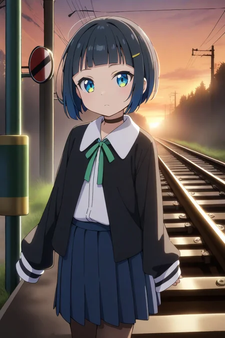 shinonome akira,1girl, solo, blue eyes, sleeves past wrists, skirt, shirt, jacket, blue skirt, closed mouth, choker, looking at viewer, white shirt, hair ornament, open clothes, black jacket, bangs, short hair, hairclip, ribbon, long sleeves, pleated skirt, open jacket, neck ribbon, green ribbon, collared shirt, black hair, blunt bangs, blue hair,shoes, pantyhose,outdoors,railroad signal, sunset, railroad,
<lora:shinonome akira A31 e1:0.75>