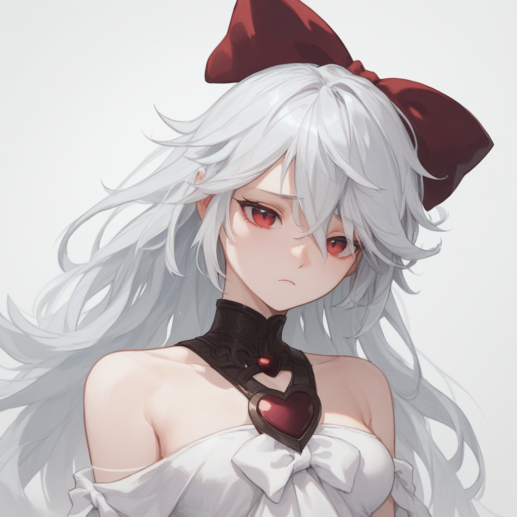 score_9, score_8_up, score_7_up, sinestrea, 1girl, white hair, bare shoulders, white dress, frown hair bow, long hair, heart brooch, medium breasts, hair bow, ribbon, red eyes,