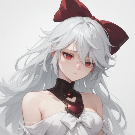 score_9, score_8_up, score_7_up, sinestrea, 1girl, white hair, bare shoulders, white dress, frown hair bow, long hair, heart brooch, medium breasts, hair bow, ribbon, red eyes,