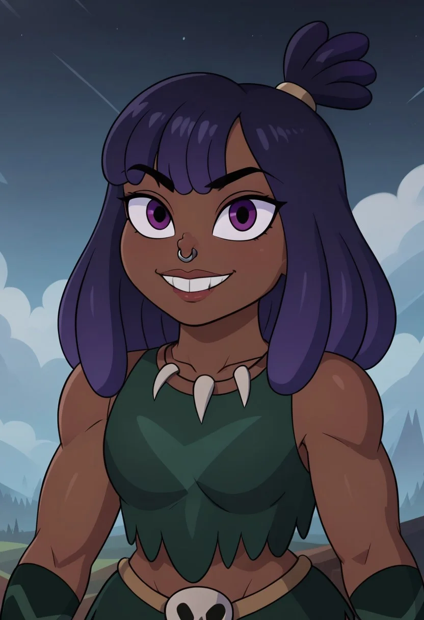 ((bedroom background)),score_9, score_8_up, score_7_up,score_6_up, 
1girl, Solo, Brunzetta_Svtfoe, dark brown skin, dark blue hair, dreadlocks hair with top knot, purple eyes, silver nose ring, big eyes, muscular build, defined arms, defined abs, necklace animal teeth, dark green sleeveless tunic, dark green loincloth, skull-shaped buckle, dark green armbands, dark green legbands, barefoot, tall stature, social smile, sexy face, close-up, face photo, perfect eyes, perfect smile, looking at the viewer, big breasts, detailed eyes, perfect eyes, perfect teeths