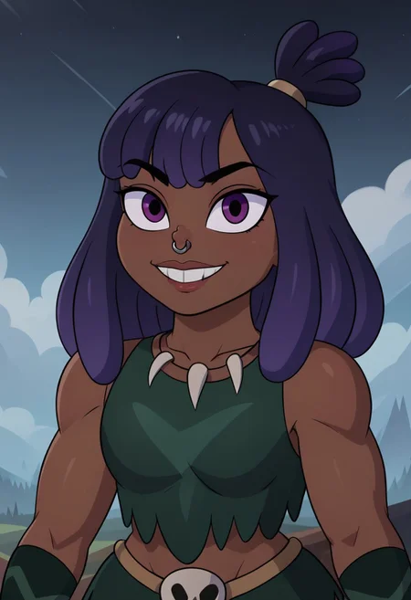 ((bedroom background)),score_9, score_8_up, score_7_up,score_6_up,
1girl, Solo, Brunzetta_Svtfoe, dark brown skin, dark blue hair, dreadlocks hair with top knot, purple eyes, silver nose ring, big eyes, muscular build, defined arms, defined abs, necklace animal teeth, dark green sleeveless tunic, dark green loincloth, skull-shaped buckle, dark green armbands, dark green legbands, barefoot, tall stature, social smile, sexy face, close-up, face photo, perfect eyes, perfect smile, looking at the viewer, big breasts, detailed eyes, perfect eyes, perfect teeths